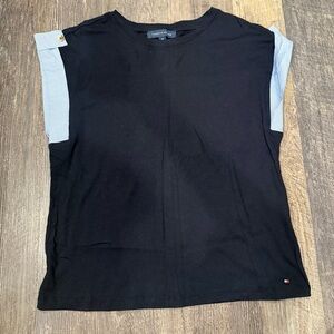 Tommy Hilfiger navy top with pinstripe cuffed sleeve